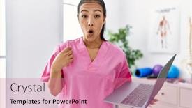  Presentation with medical laptop - PPT layouts having young-hispanic-physiotherapist-woman-using background and a  colored foreground