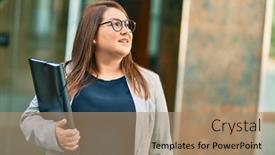  Presentation with binder - Presentation design consisting of young-hispanic-plus-size-businesswoman background and a coral colored foreground