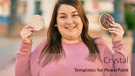  Presentation with rice cake - Beautiful PPT layouts featuring young-hispanic-plus-size-woman backdrop and a coral colored foreground