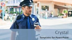  Presentation with police interview - Presentation theme consisting of young-hispanic-policeman-wearing-police background and a light blue colored foreground