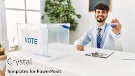  Presentation with party - Slide set featuring young-hispanic-politic-party-worker background and a white colored foreground