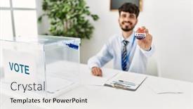  Presentation with party - Presentation theme with young-hispanic-politic-party-worker background and a light gray colored foreground