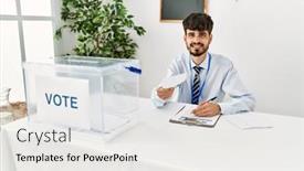  Presentation with party - PPT layouts featuring young-hispanic-politic-party-worker background and a  colored foreground