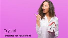  Presentation with hispanic - Slide deck consisting of young hispanic real state agent woman holding small house pointing and showing with thumb up to the side with happy face smiling background and a lilac colored foreground