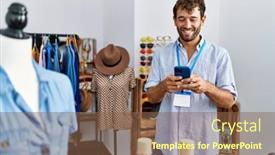  Presentation with clothing - PPT theme with young-hispanic-shopkeeper-man-using background and a tawny brown colored foreground