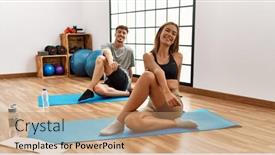  Presentation with young happy couple - Presentation design featuring young-hispanic-sporty-couple-smiling background and a  colored foreground