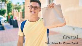  Presentation with paper bag - Beautiful PPT layouts featuring young-hispanic-student-smiling-happy backdrop and a lemonade colored foreground