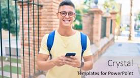  Presentation with city street - Presentation theme consisting of young-hispanic-student-smiling-happy background and a coral colored foreground