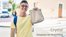  Presentation with paper bag - Cool new presentation design with young-hispanic-student-smiling-happy backdrop and a soft green colored foreground