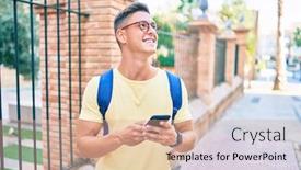  Presentation with city street - Slide set enhanced with young-hispanic-student-smiling-happy background and a coral colored foreground