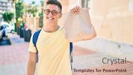  Presentation with paper bag - Amazing presentation theme having young-hispanic-student-smiling-happy backdrop and a lemonade colored foreground