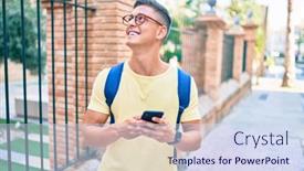  Presentation with city street - Audience pleasing slide set consisting of young-hispanic-student-smiling-happy backdrop and a sky blue colored foreground