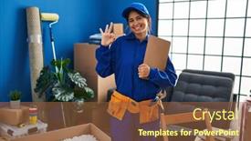  Presentation with house - Presentation featuring young-hispanic-technician-working background and a tawny brown colored foreground