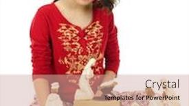  Presentation with nativity - Beautiful presentation design featuring young hispanic teen arranging the nativity characters while wearing her pajamas and a santa hat on a white background backdrop and a coral colored foreground