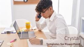  Presentation with worker - PPT theme featuring young-hispanic-teenager-business-worker background and a soft green colored foreground