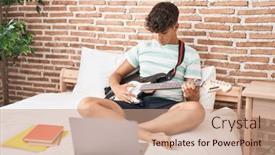  Presentation with guitar class - PPT theme enhanced with young-hispanic-teenager-having-online background and a coral colored foreground