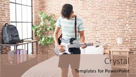  Presentation with electrical - PPT theme enhanced with young-hispanic-teenager-musician-playing background and a coral colored foreground