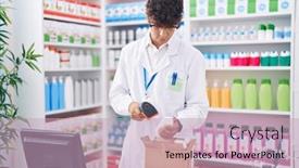  Presentation with scanning - Presentation theme featuring young-hispanic-teenager-pharmacist-scanning background and a soft green colored foreground