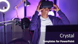  Presentation with what is video gaming - PPT theme enhanced with young-hispanic-teenager-streamer-playing background and a navy blue colored foreground