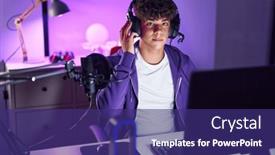  Presentation with streamer - Slide set having young-hispanic-teenager-streamer-smiling background and a violet colored foreground