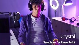  Presentation with streamer - Slide deck enhanced with young-hispanic-teenager-streamer-smiling background and a violet colored foreground