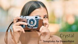  Presentation with tourist - Beautiful theme featuring young-hispanic-tourist-woman-smiling backdrop and a coral colored foreground