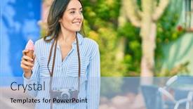  Presentation with port - Cool new PPT theme with young-hispanic-tourist-woman-using backdrop and a light blue colored foreground