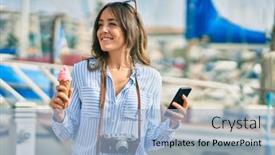  Presentation with port - Colorful presentation theme enhanced with young-hispanic-tourist-woman-using backdrop and a light blue colored foreground