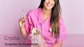  Presentation with smiling little girl - PPT theme featuring young-hispanic-veterinarian-girl-smiling background and a coral colored foreground