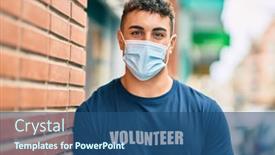  Presentation with volunteer - Presentation theme consisting of young-hispanic-volunteer-man-wearing background and a ocean colored foreground