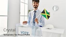  Presentation with jamaica - Presentation design enhanced with young-hispanic-voter-man-holding background and a light gray colored foreground