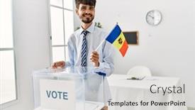  Presentation with college - PPT theme consisting of young-hispanic-voter-man-holding background and a  colored foreground