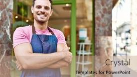  Presentation with coffee shop - Theme featuring young-hispanic-waiter-wearing-apron background and a coral colored foreground