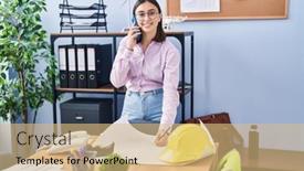  Presentation with architect - PPT theme with young-hispanic-woman-architect-talking background and a coral colored foreground