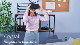  Presentation with virtual reality - PPT theme with young-hispanic-woman-architect-using background and a ocean colored foreground