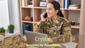  Presentation with army - Presentation theme with young-hispanic-woman-army-soldier background and a coral colored foreground