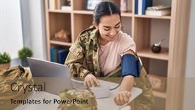  Presentation with army - PPT theme consisting of young-hispanic-woman-army-soldier background and a coral colored foreground