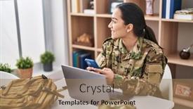  Presentation with army - Theme having young-hispanic-woman-army-soldier background and a coral colored foreground