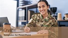  Presentation with army modernization - Slide deck featuring young-hispanic-woman-army-soldier background and a coral colored foreground