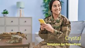  Presentation with army - PPT theme consisting of young-hispanic-woman-army-soldier background and a violet colored foreground