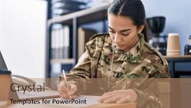  Presentation with army - PPT theme enhanced with young-hispanic-woman-army-soldier background and a coral colored foreground
