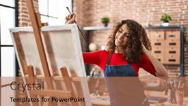  Presentation with music studio - Slide set having young-hispanic-woman-artist-listening background and a coral colored foreground