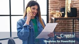  Presentation with sheet music - PPT theme consisting of young-hispanic-woman-artist-talking background and a  colored foreground