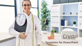  Presentation with confident young hispanic woman - Presentation consisting of young-hispanic-woman-as-nutritionist background and a lemonade colored foreground