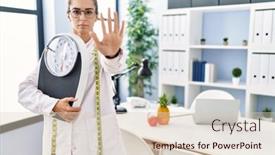  Presentation with doctor helps to get out of bed an elderly woman - Presentation theme featuring young-hispanic-woman-as-nutritionist background and a  colored foreground