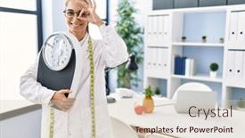  Presentation with eye doctor - PPT theme having young-hispanic-woman-as-nutritionist background and a lemonade colored foreground