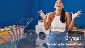  Presentation with laundry room - PPT theme having young-hispanic-woman-at-laundry background and a ocean colored foreground