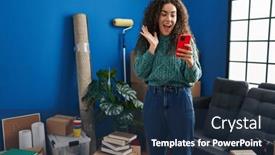  Presentation with new home - PPT theme featuring young-hispanic-woman-at-new and a navy blue colored foreground