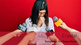  Presentation with journalist - Audience pleasing presentation theme consisting of young-hispanic-woman-being-interviewed backdrop and a crimson colored foreground