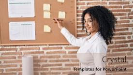  Presentation with worker - Slide deck consisting of young-hispanic-woman-business-worker background and a coral colored foreground